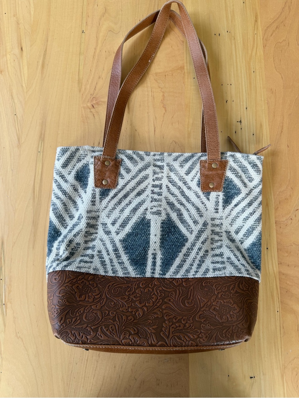 Myra Bag Blue & White Patterned Canvas Tote with Brown Embossed Leather Trim